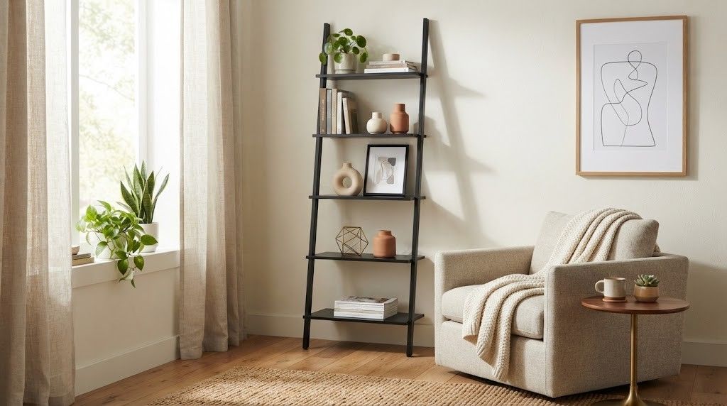 Matte black metal leaning ladder shelf with minimalist decor.