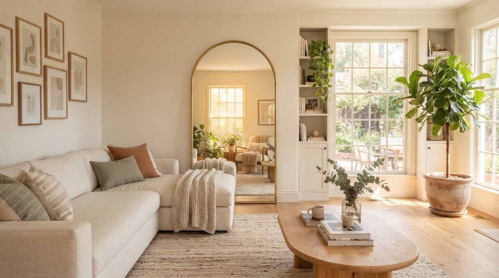 An airy family room layout centered around a tall arched brass-framed floor mirror reflecting a sunlit space