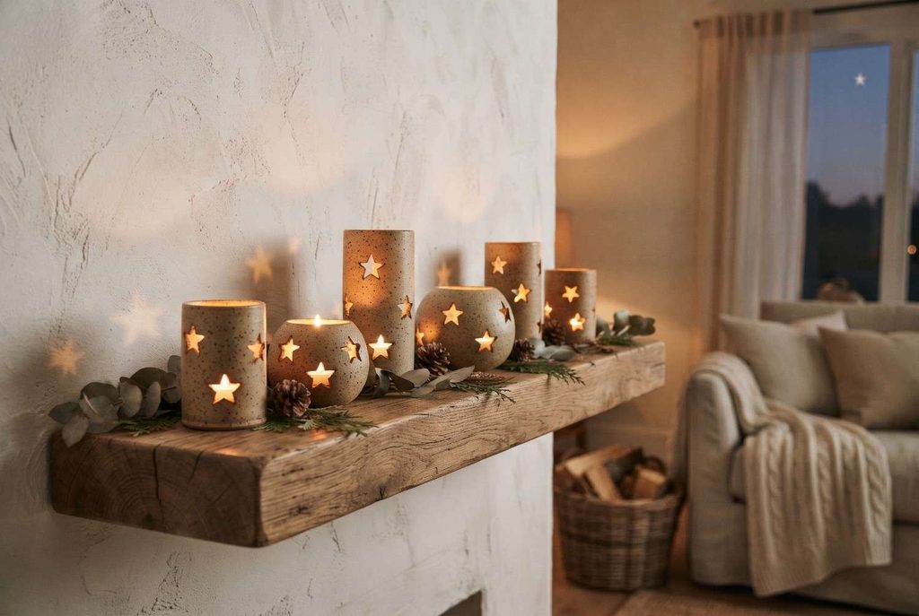 Vintage brass brass bell on a leather hanging loop draped over the corner of a dark wood shelf subtle holiday greenery warm rustic interior.