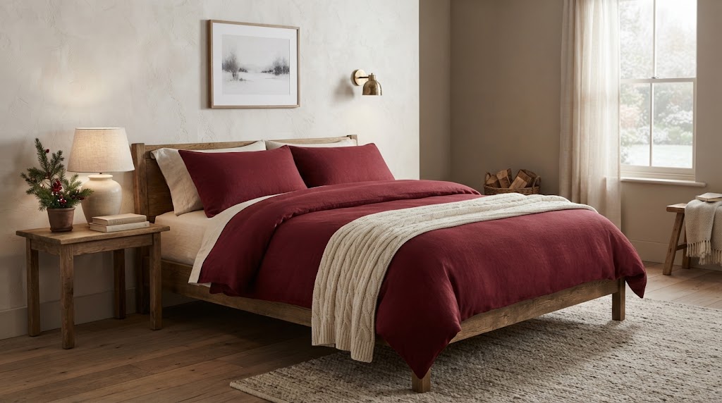 Cozy winter bedroom styled with rich red linen and a cable-knit throw.