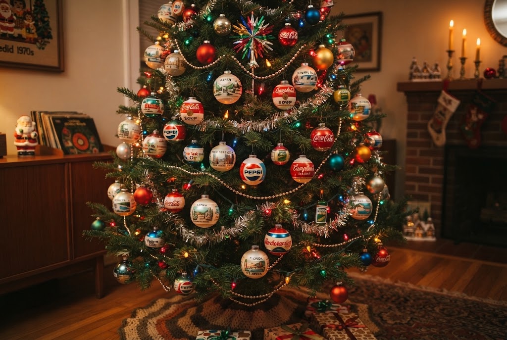 Retro advertising baubles and souvenir ornaments capture mid-century holiday nostalgia.
