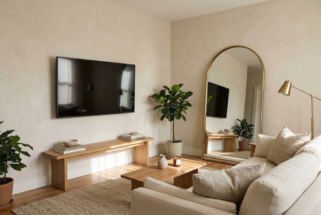 A wall-mounted TV paired with a large brass arched floor mirror that reflects natural sunlight creating an open and airy feel in a small living room.
