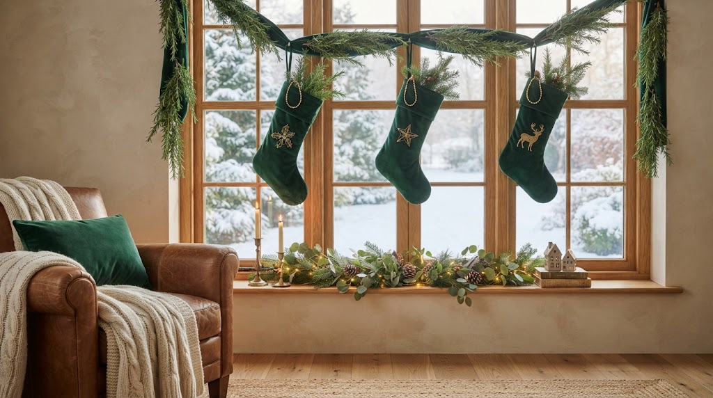 Emerald velvet stockings bring sophisticated charm to the window.