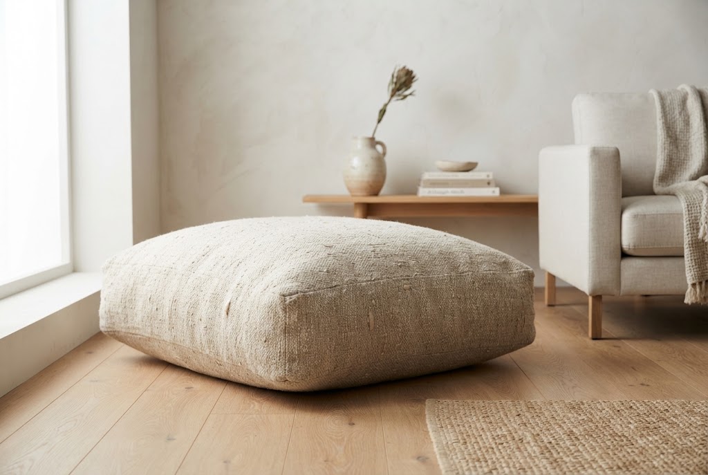 Oversized neutral floor cushion on oak wood flooring.