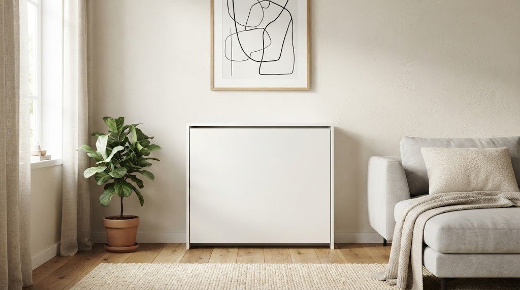 Sleek white fold-down wall desk closed flush against the living room wall.
