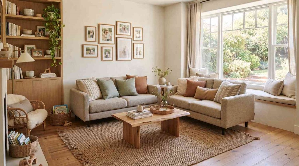 A small living room arrangement featuring two neutral fabric loveseats positioned across a low wooden coffee table