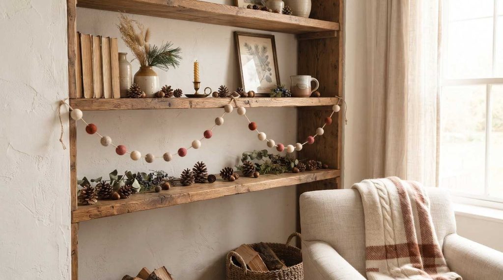Handmade ceramic little houses with glowing windows on a white floating shelf miniature pine trees alongside cozy Scandinavian Christmas decor.
