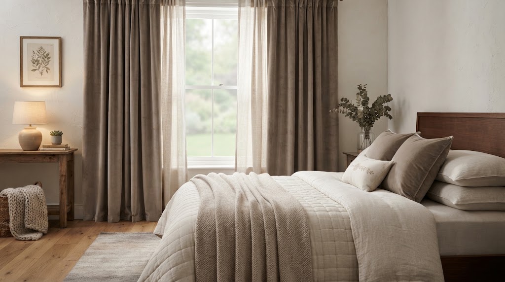 Bedroom window framed by taupe velvet curtains with layered bedding.
