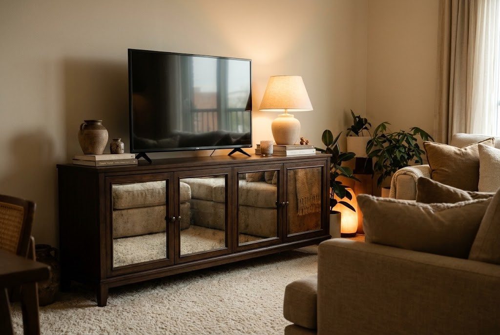 -A flat-screen TV on an elegant media cabinet with antiqued mirrored doors paired with a glowing lamp and plush carpet in a warm inviting living room.