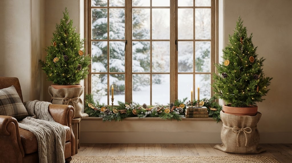Burlap-wrapped cedar trees frame the snowy window with rustic warmth.