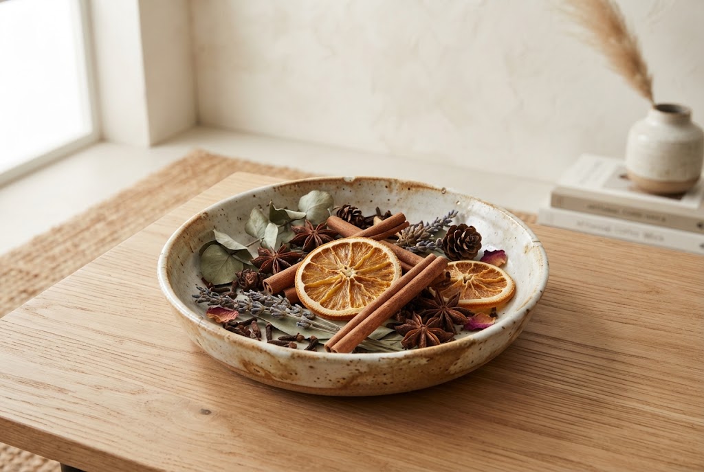Ceramic dish filled with dried botanicals and cinnamon sticks.