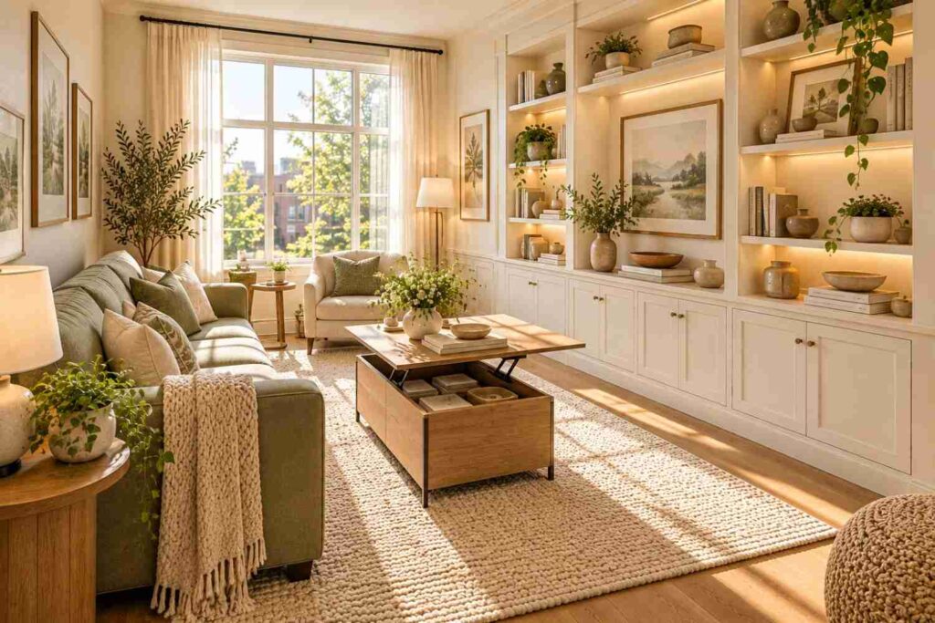 Sunlit Sage Living Room with Built-Ins