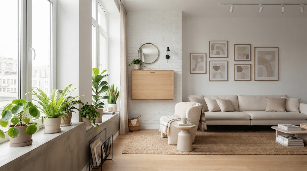 Bright living room with wall desk, armchair, and gallery wall.