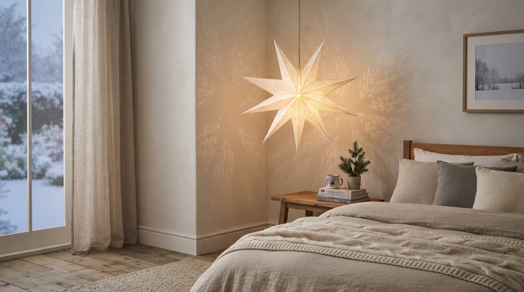 Cozy bedroom corner featuring a glowing paper star lantern.
