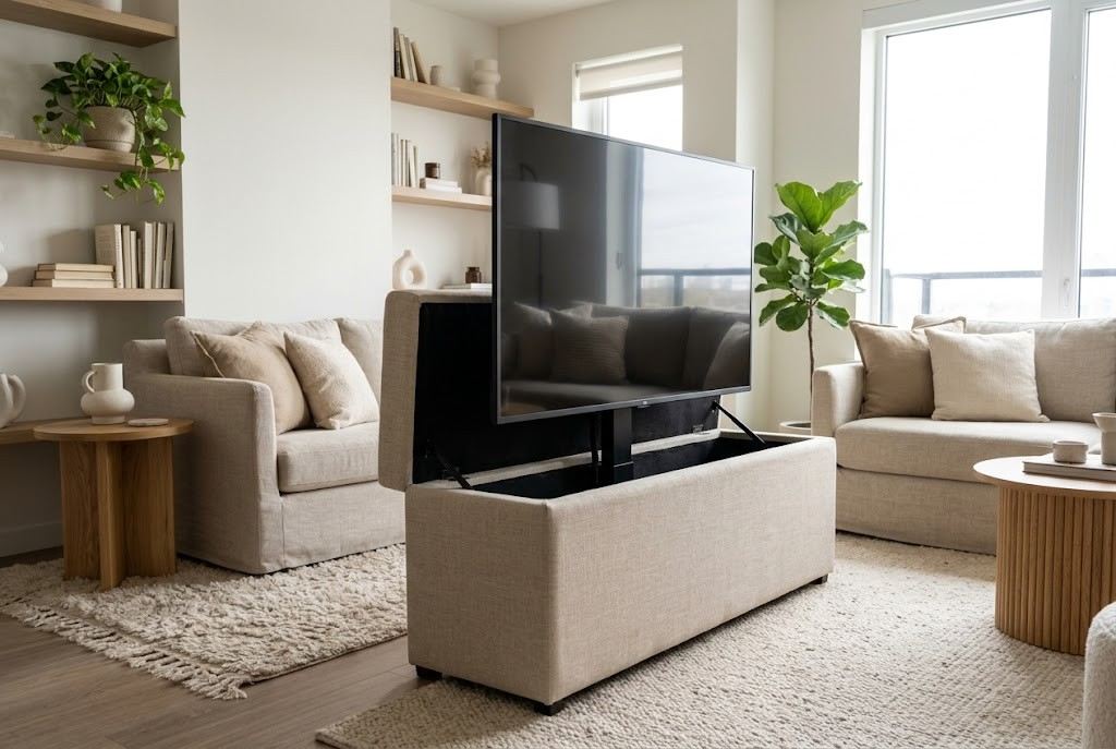 A motorized television rising smoothly out of an upholstered linen storage bench in a bright modern living room.