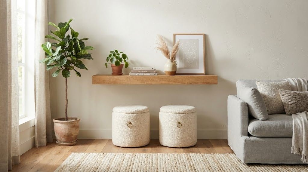 Boucle storage stools tucked under a floating shelf