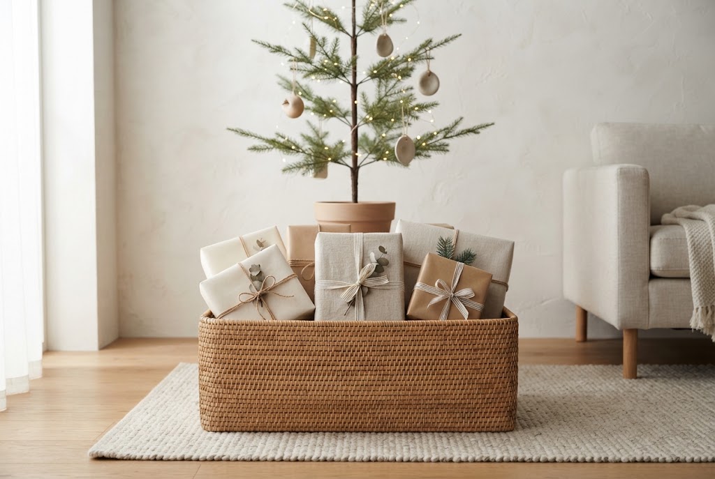 Neutral gifts in a woven rattan basket under a minimalist tree.
