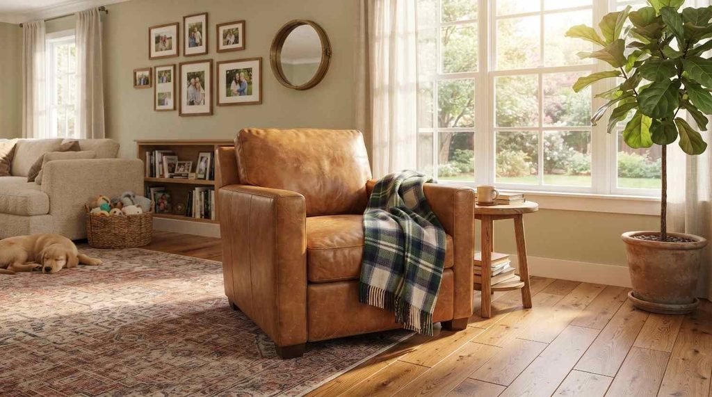 A warm family room corner featuring a comfortable distressed tan leather armchair draped with a cozy plaid throw blanket