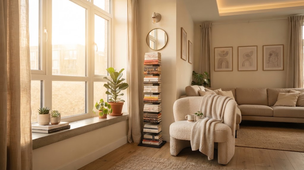 Cozy living room corner with a vertical book tower, soft armchair, and warm sunlight.