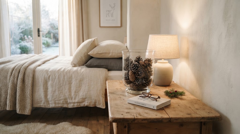 Glass vase of pinecones on a wooden nightstand in a cozy room.