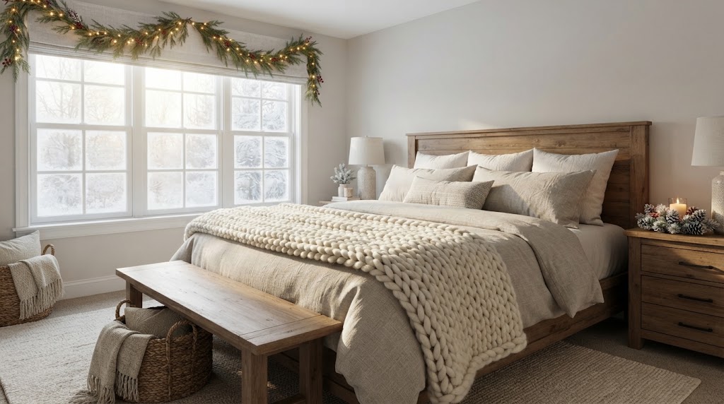 A sunlit, cozy neutral bedroom styled for winter