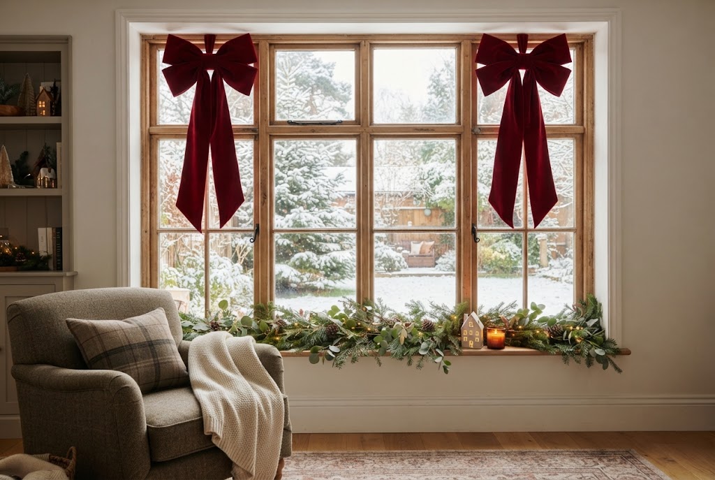 Cozy winter window with festive bows and snowy view.
