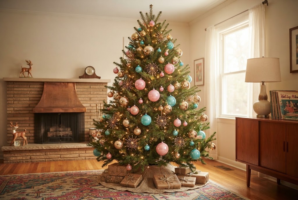 Mid-century modern Christmas tree with atomic starburst ornaments.