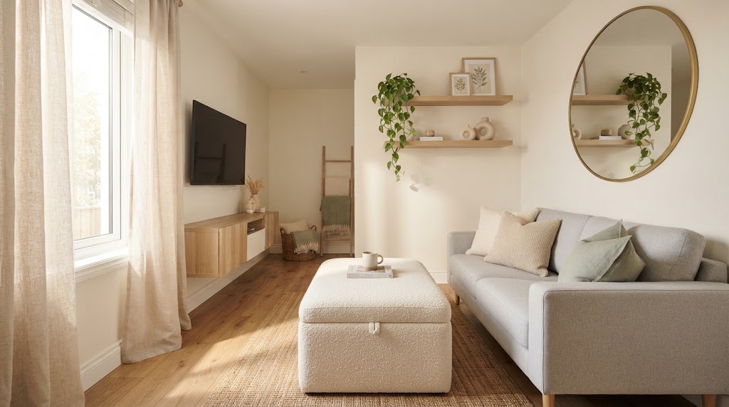 Style your space with a cozy boucle storage ottoman!