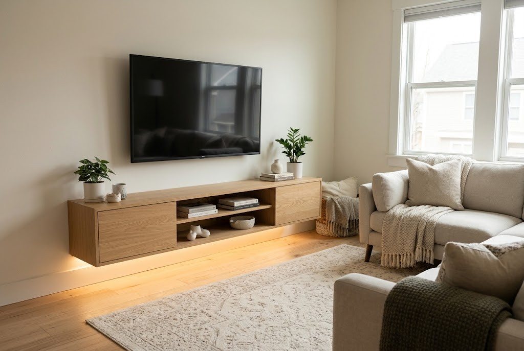 A wall-mounted flat-screen TV above a floating minimalist oak media console with warm LED under-cabinet lighting.