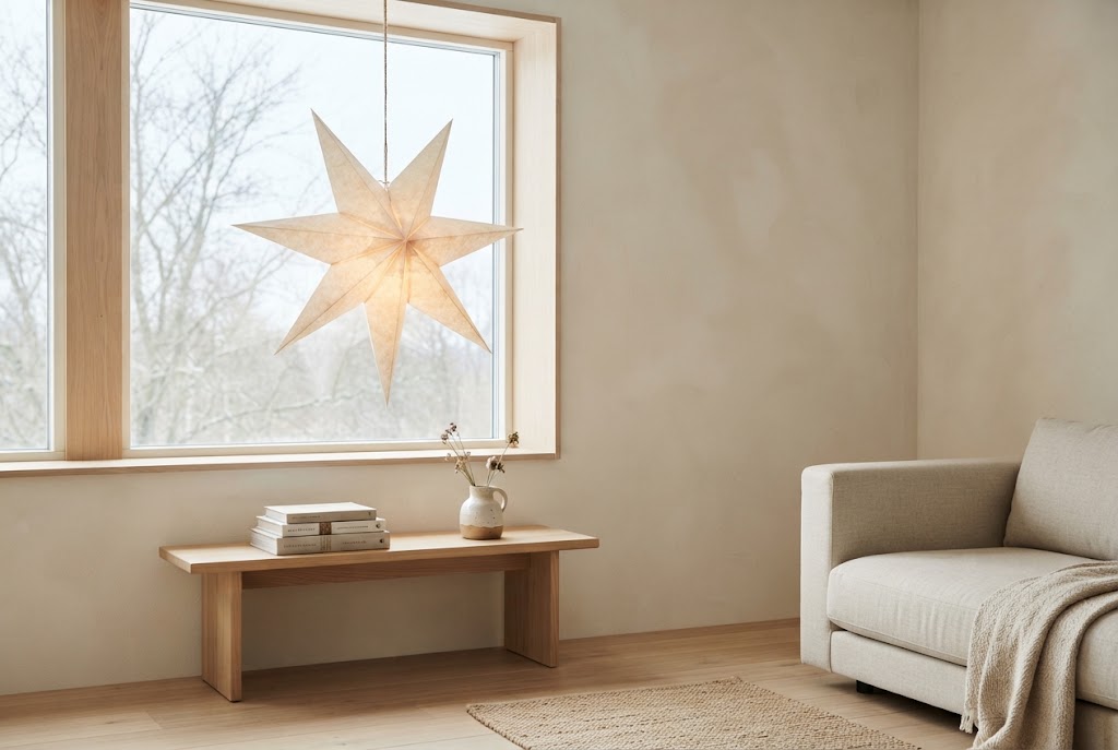 Glowing paper star lantern in a cozy, minimalist window nook.