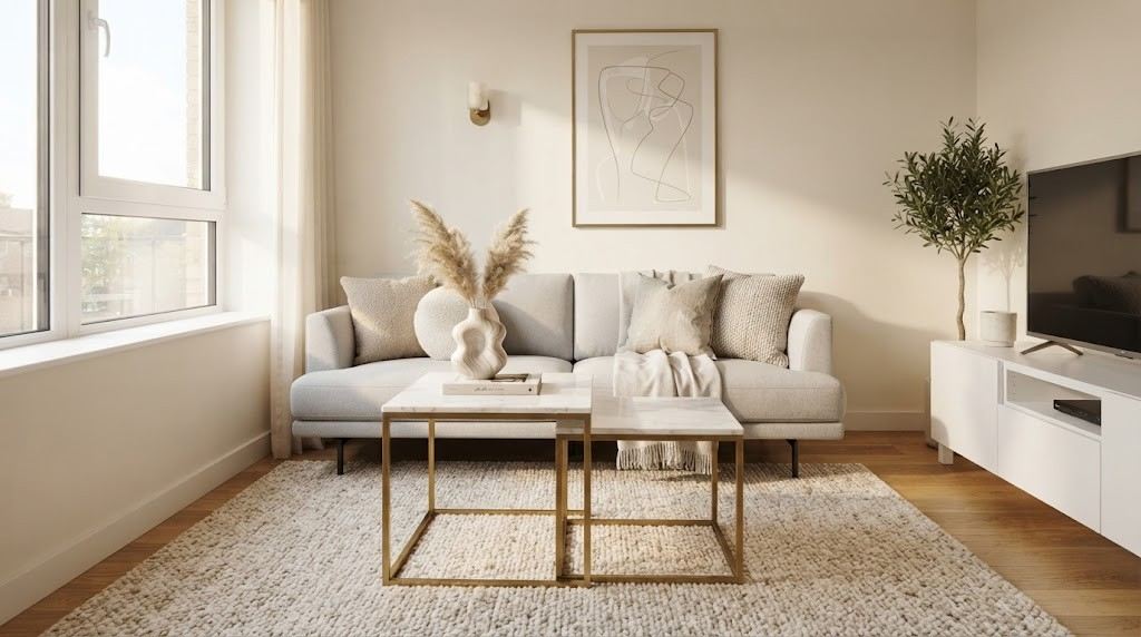 Modern living room with brass and marble nesting tables.