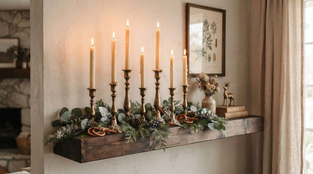 Clear glass cloche bell jar enclosing natural pinecones and white berries on a wooden shelf.
