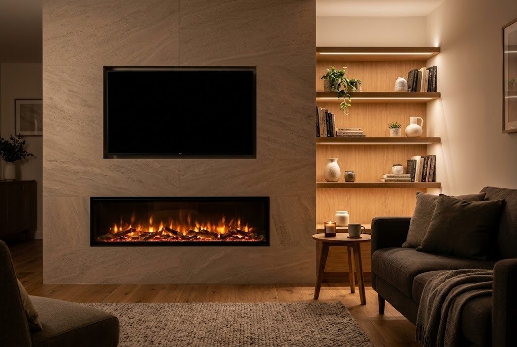 A sleek ribbon electric fireplace glowing warmly with a flat-screen TV mounted right above a smooth stone finish wall in a cozy small living room.