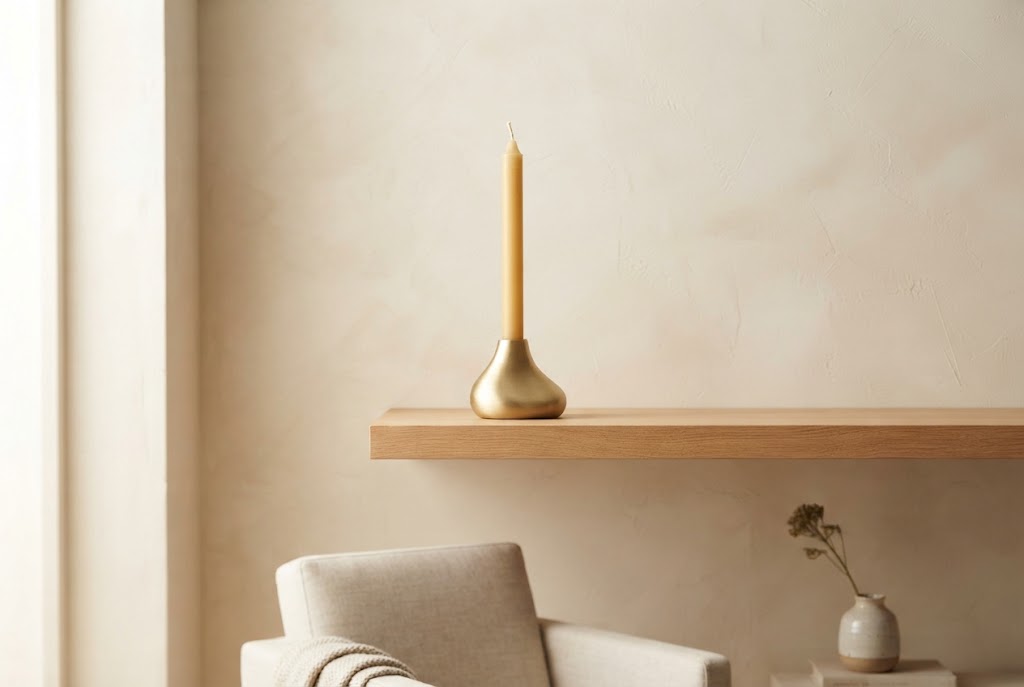 Matte brass taper candle holder on a minimalist wood shelf.
