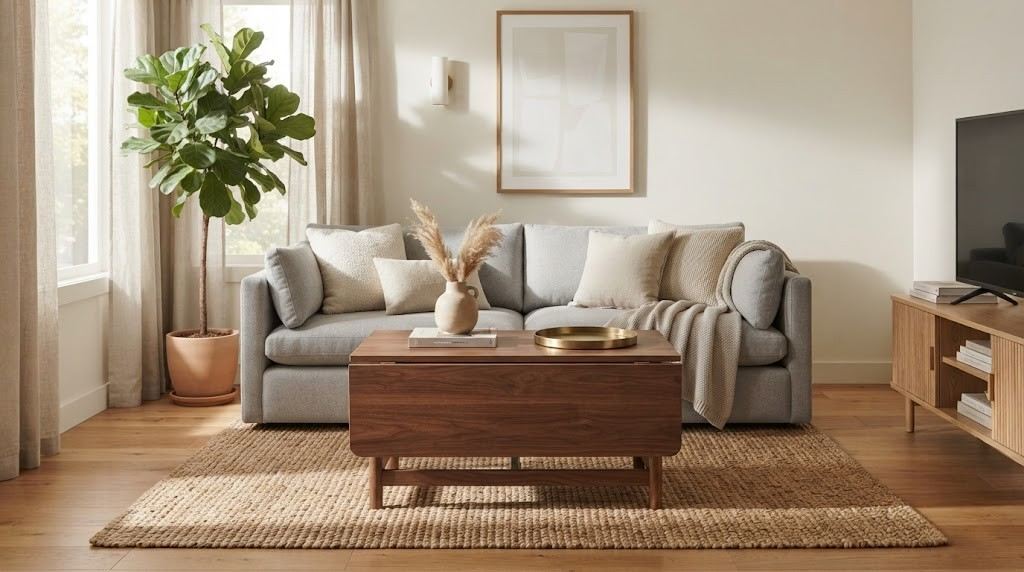 Warm wood expandable drop-leaf coffee table in a modern living room