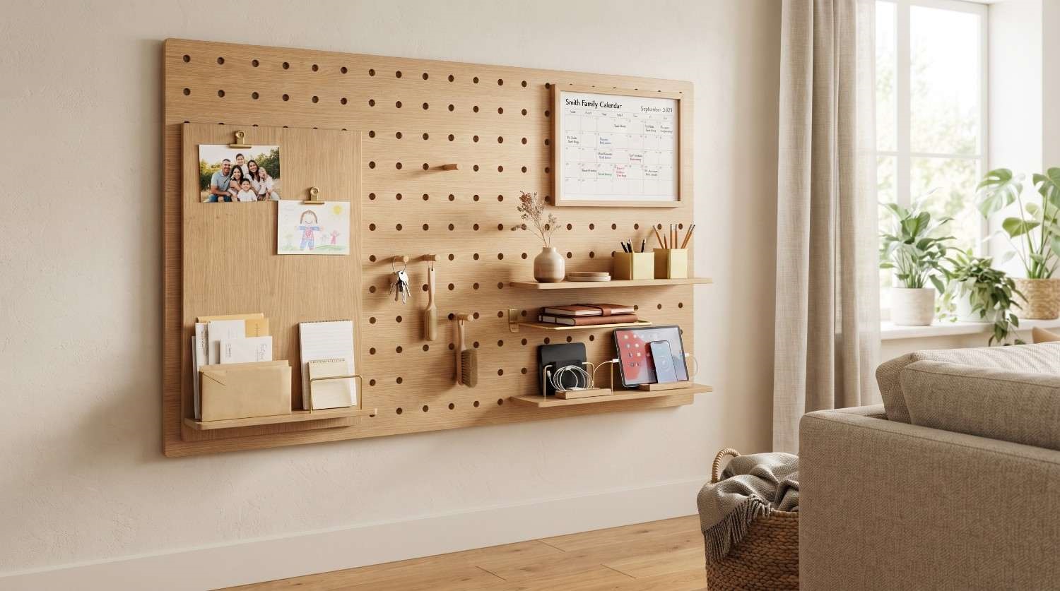 A functional wall detail displaying a light wood custom pegboard organizer holding small shelves a calendar and daily items