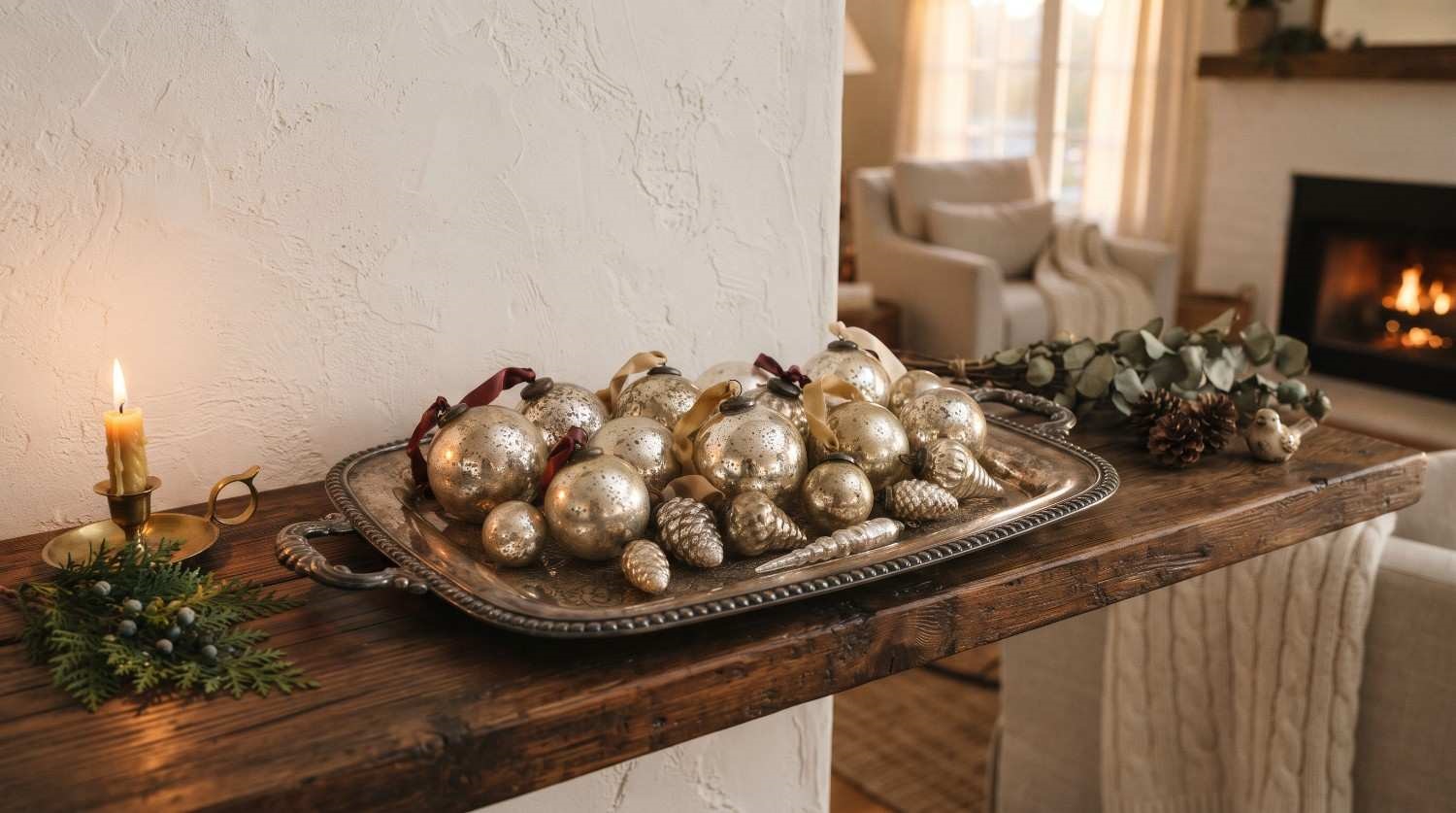 Glass snow globe with a wooden base resting on a shelf next to a folded knit throw texture soft warm lighting cozy holiday mood.
