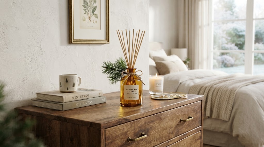 Amber glass reed diffuser with wooden reeds and pine sprig.