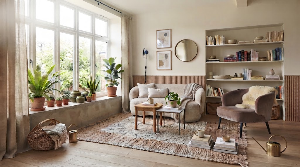Cozy Scandinavian living room featuring a textured area rug, compact sofa, built-in shelving, and abundant natural light.