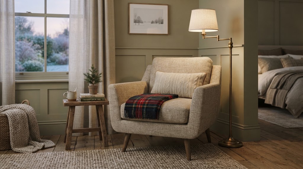 Cozy bedroom reading nook with armchair, plaid blanket, and warm floor lamp.