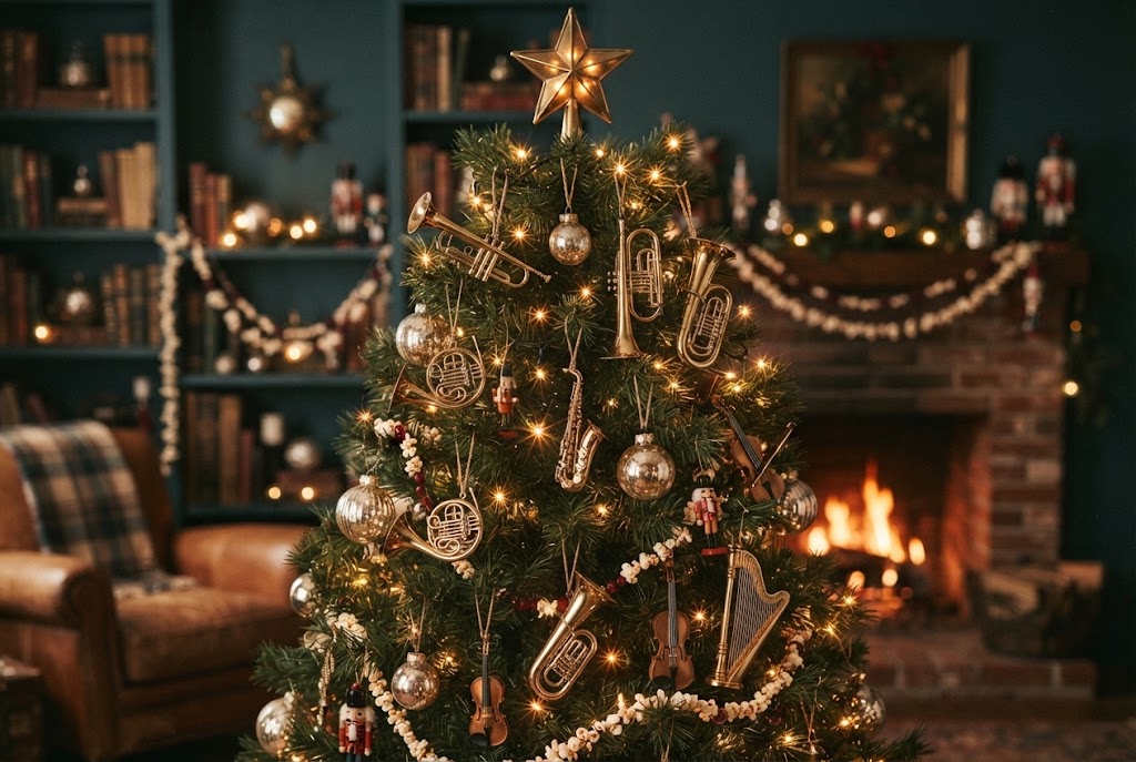 Polished brass instruments catch the warm glow of twinkling lights.