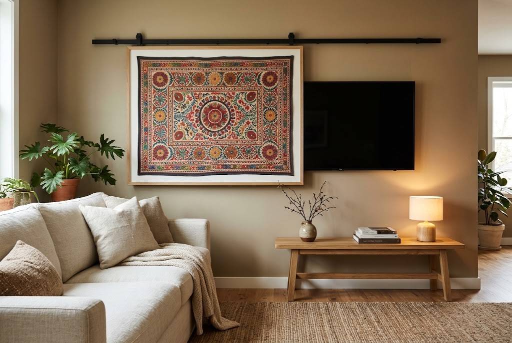 A framed bohemian textile hanging on a subtle black track that slides to partially cover a mounted flat-screen TV in a cozy living room