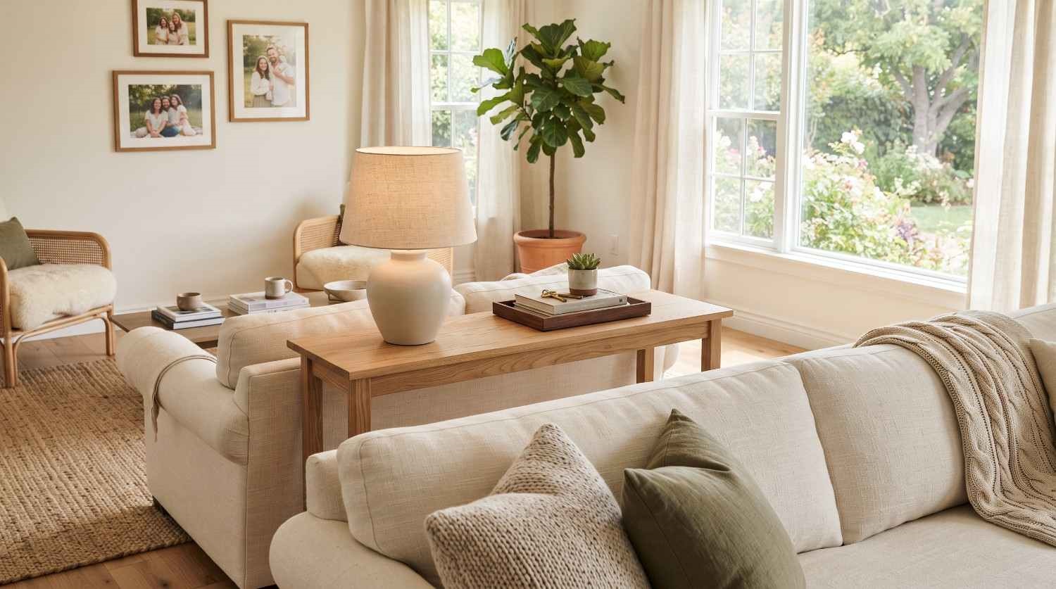 A perspective view of the back of a cream sofa paired with a slim natural oak console table holding a ceramic lamp and tray.