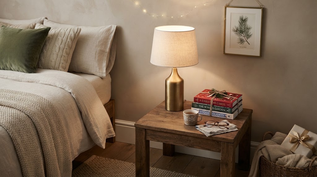 Cozy holiday bedroom corner with a glowing brass lamp and stacked books.