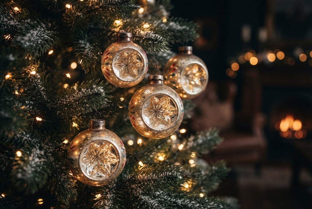 Glowing mercury glass reflector ornaments.
