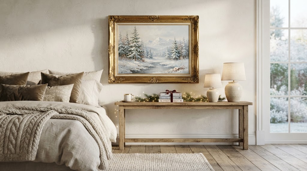 Vintage snowy forest oil painting in an antique gold frame.