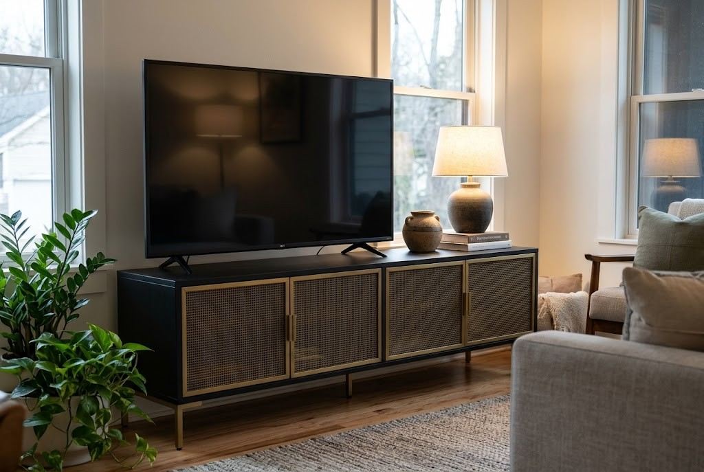 A stylish matte black and brass wire mesh media console holding a flat-screen TV on top complemented by a glowing table lamp and decorative pottery in an organized living room space.-