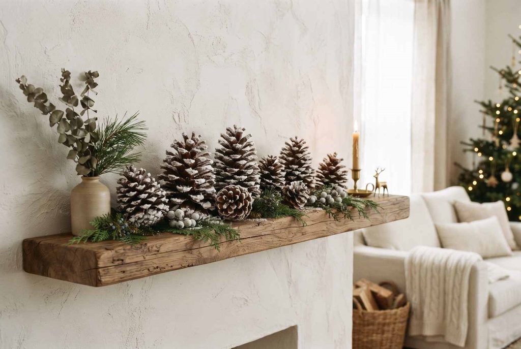 Rustic wooden bead garland with jute tassels draped loosely across a white shelf small pinecones nestled nearby minimalist Christmas style