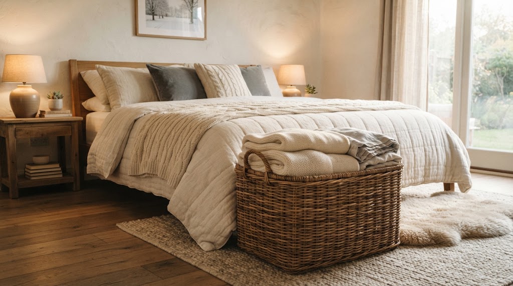 Cozy bedroom with a large rattan basket holding folded cream blankets.