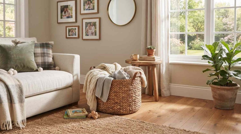 A cozy corner featuring a large thick woven rattan basket overflowing with neutral knit throw blankets